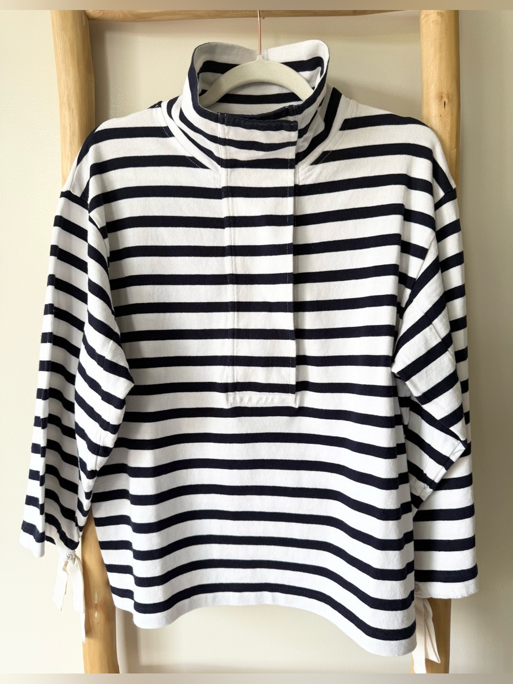 J. Crew Navy White Striped Snap Neck Knit Nautical 3/4 Tie Sleeve Pullover M - Picture 4 of 12